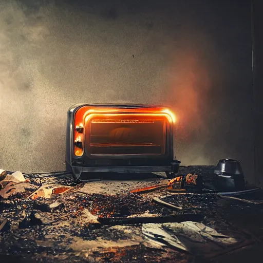 Image similar to head of toaster oven mecha, dark messy smoke - filled cluttered workshop, dark, dramatic lighting, orange tint, cinematic, highly detailed, sci - fi, futuristic, movie still