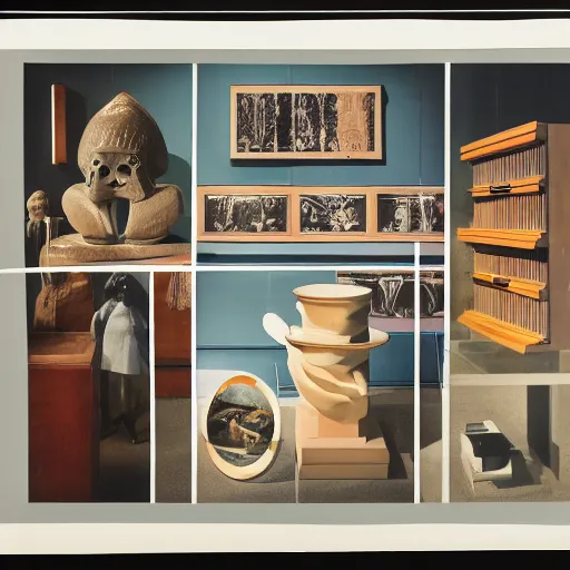 Image similar to A three color offset photography of objects on display, anthropology of wonder, exotic artifacts, bauhaus, colonial expedition, catalog exhibition, 60s style