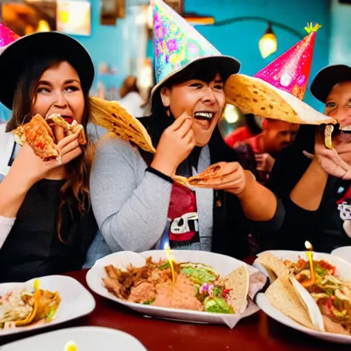 Prompt: A group of angels wearing birthday hats eating tacos de birria at a Mexican restaurant