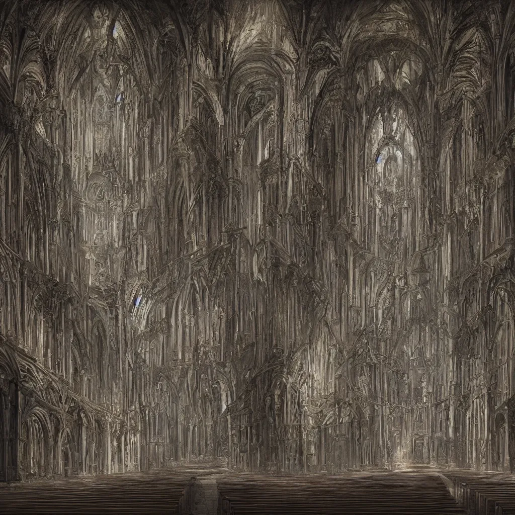 Image similar to digital painting of church interior designed by H R Giger, H.R. Giger style, Alien, Necronomicon, concept art, matte painting, digital painting, realism, 8K, RAW, unedited, symmetrical balance, in-frame