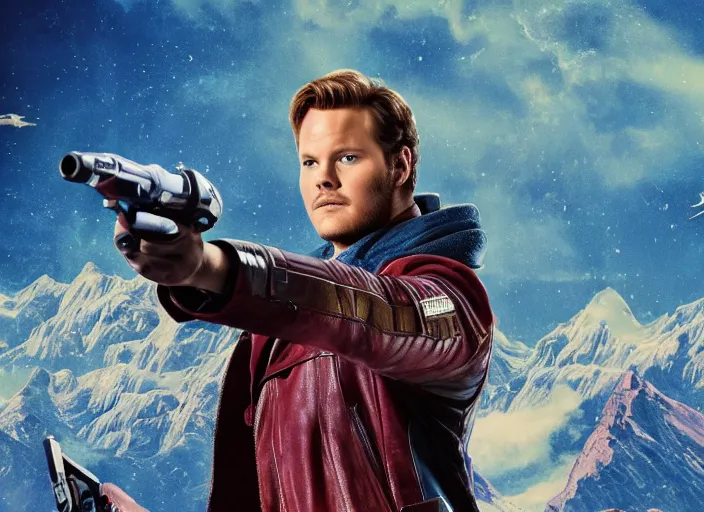 Image similar to a very high resolution image from a new movie, starlord. in a room full of posters and vinyls. mountains, directed by wes anderson