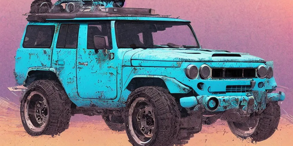 Image similar to digital illustration of a futuristic faded cyan mad max's fj 4 0 decrepit!!!! pursuit special, rusty!!! cyberpunk nissan fj cruiser heavily modded 1 9 9 0 s, the last v 8 interceptor by makoto shinkai, ilya kuvshinov, lois van baarle, rossdraws, basquiat