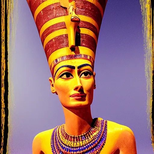 Prompt: dazzling portrait of nefertiti in front of a breathtaking egyptian palace, bisexual lighting, soft glow, rim light, subsurface scattering, ambient occlusion, ambient lighting, phoenix gold texture 1 0 % opacity, vignette painted by jean singer sargent