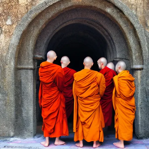 Prompt: Six monks standing in a circle, a portal inside the circle