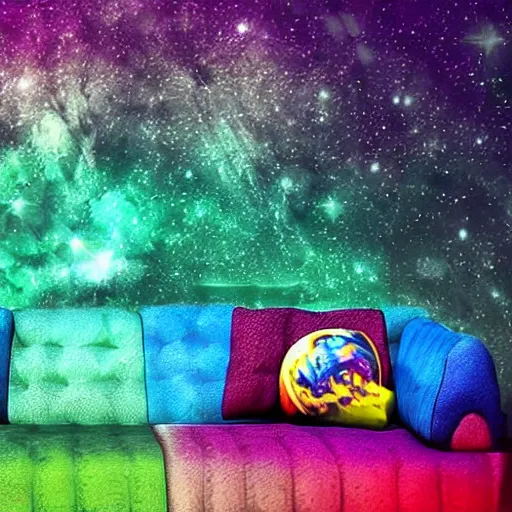 Image similar to psychedelic trippy couch in space, planets, milky way, sofa, cartoon