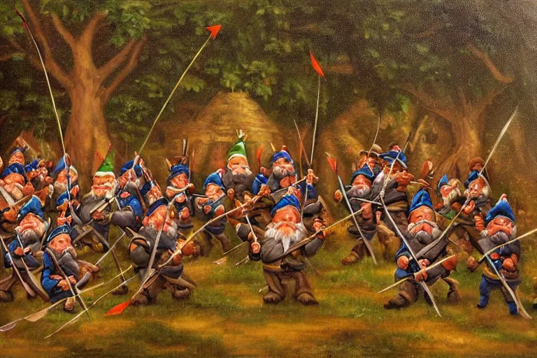 Image similar to an army of gnomes sending an arrow volley at a tree. canvis oil painting