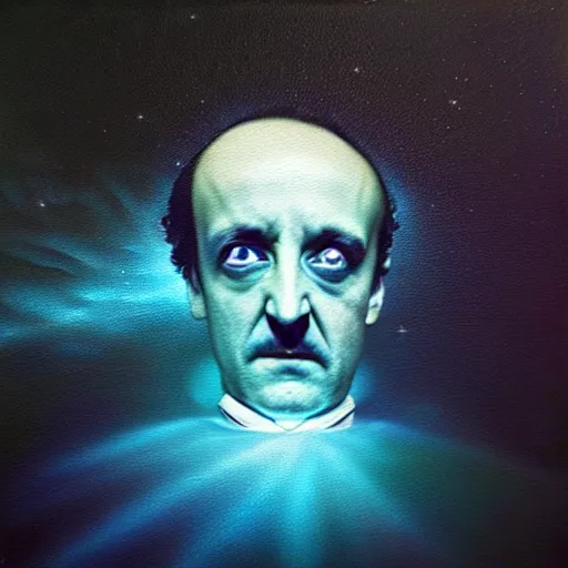 Image similar to peer into the depths of the endless cosmic void, shine a light on your darkest terror. edgar allen poe oil on canvas, photographic hyperrealism