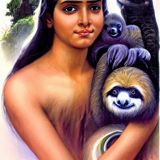 Prompt: a cottagecore beautiful young indian witch holding a cute sloth, highly detailed, masterpiece, illustrated, art by boris vallejo