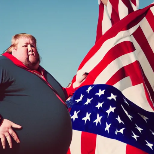 Prompt: An obese greasy goblin creature standing in front of the american flag attempting to look patriotic but failing, presidential nomination photo