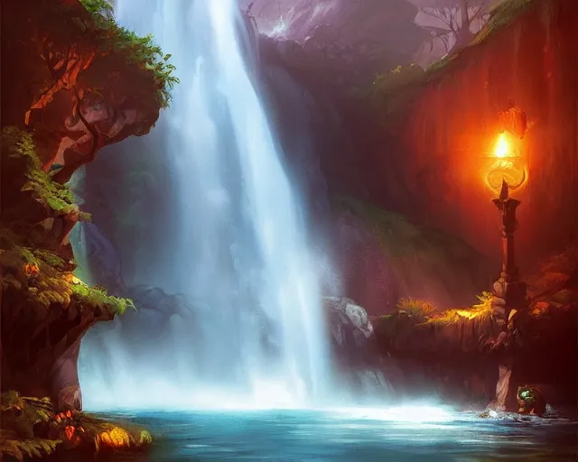 Prompt: waterfall, fantasy art by andreas rocha