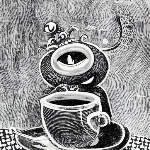 Prompt: highly detailed illustration of a monster smiling and dancing around a beautiful steaming cup of coffee, style of Japanese illustration, Maurice Sendak, Tove Jansson