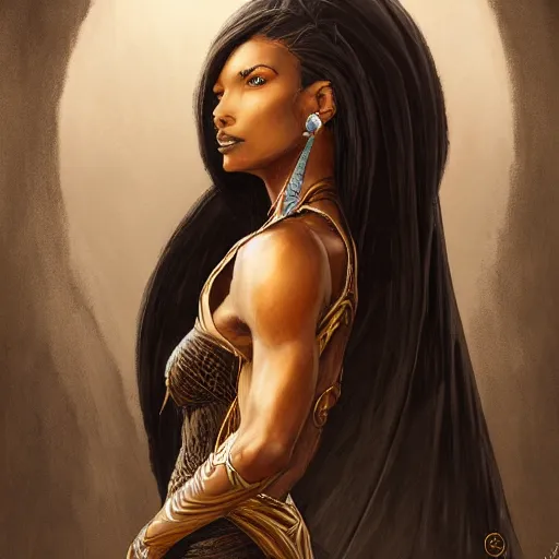 Prompt: Portrait of a tall beautiful brown-skin elf woman wearing stylish black and gold robes, warm and gentle smile, intricate, elegant, highly detailed, digital painting, smooth, sharp focus, bust view, visible face, artstation, graphic novel, art by stanley artgerm and greg rutkowski and peter mohrbacher,