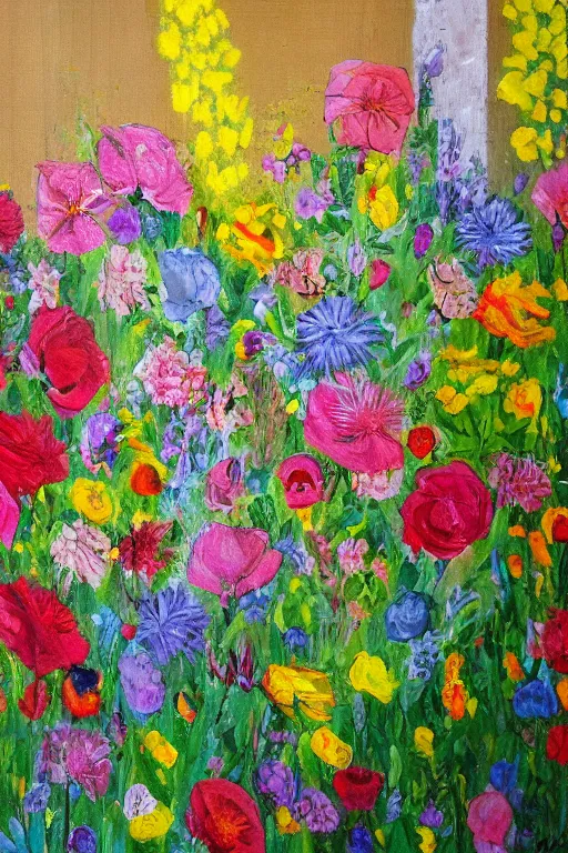 Prompt: a painting of a wall of flowers