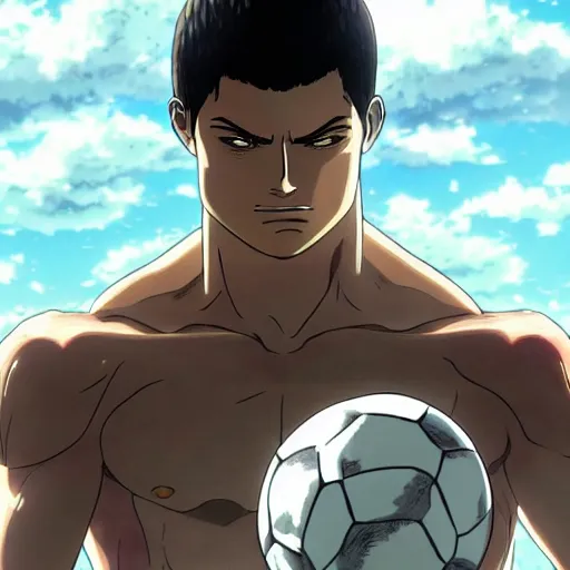 Prompt: cristiano ronaldo as a titan in attack on titan walking under the sun and clouds, attack on titan, anime key visual, wit studio official media, smoke and rubble, high detail, stomping, stomping, stomping