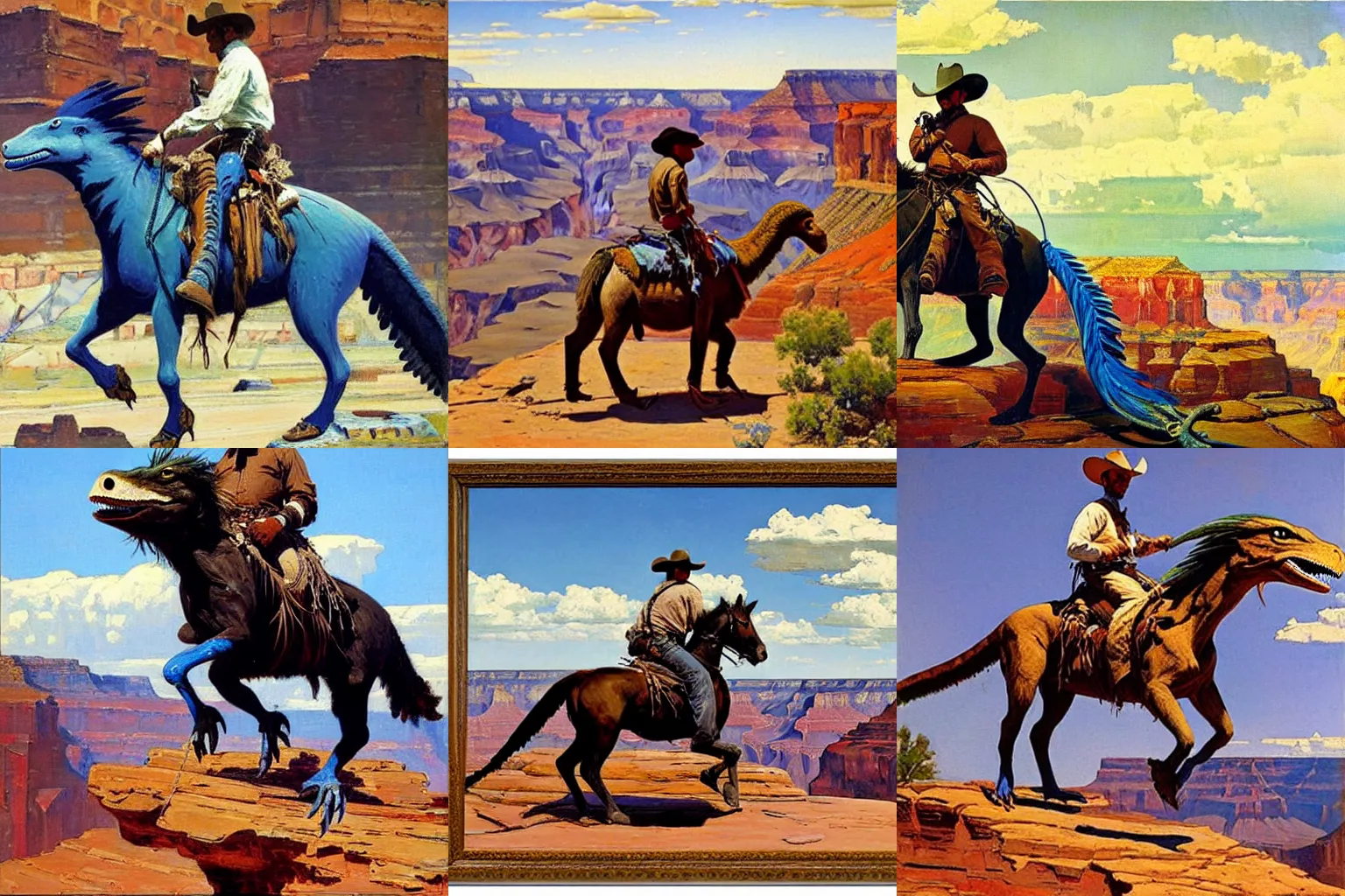 Prompt: A cowboy riding a blue utahraptor in the grand canyon, oil painting by Frederic Remington