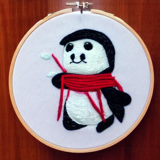 Prompt: “a baby harp seal dressed as a ninja, embroidery”