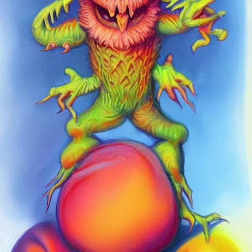 Prompt: a peach monster, colorful, digital art, fantasy, magic, chalk, trending on artstation, ultra detailed, professional illustration by basil gogos