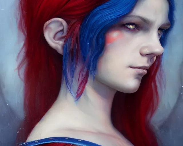 Image similar to A detailed matte oil on canvas head on symmetrical portrait of a distinguished elven woman with red and blue hair on an empty background, by Charlie bowater, Lise Deharme, Wlop, trending on artstationhd, dungeons and dragons art, parted hair , half blue, half red , split dye, critical role