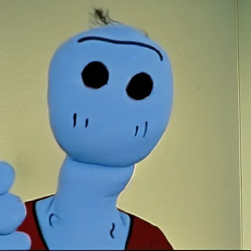 Image similar to still image of hyper realistic mr. meeseeks as a guest star on seinfeld, cinematic ( 1 9 9 4 )