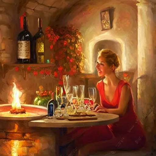 Image similar to wine cellar full of food, torches on the wall, schnapps, romantic, inviting, cozy, blonde woman, painting Vladimir Volegov