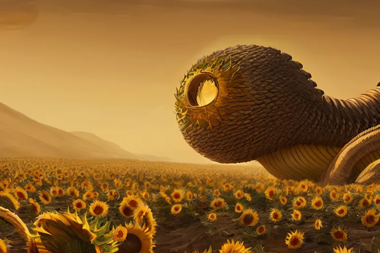 Image similar to giant sand worm monster with the head of a sunflower, sunflower worm, sunny desert, character art by Greg Rutkowski, 4k digital render