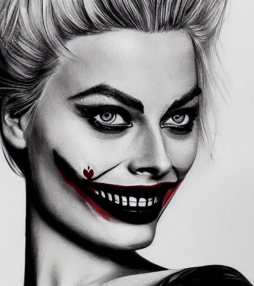 Image similar to tattoo design sketch of beautiful margot robbie portrait with joker makeup, in the style of den yakovlev, realistic face, black and white, faded outline, realism tattoo, hyper realistic, highly detailed