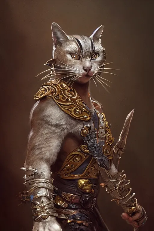 Prompt: a anthropomorphic cat warrior, diffuse lighting, fantasy, intricate, elegant, highly detailed, lifelike, photorealistic, digital painting, artstation, illustration, concept art, smooth, sharp focus, naturalism, trending on byron's - muse, by greg rutkowski and greg staples