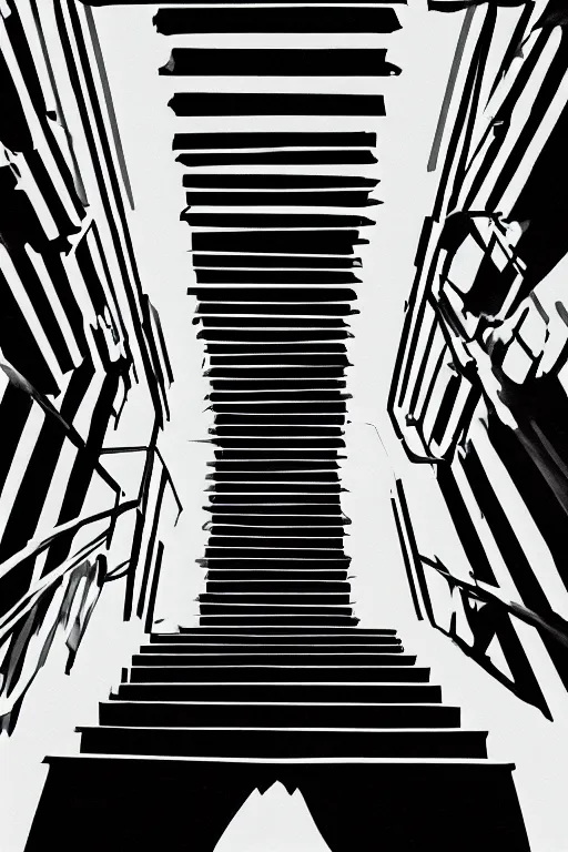 Image similar to looking down a flight of stairs at a black cat, first person perspective, digital illustration, artstation, artstation hq, hd