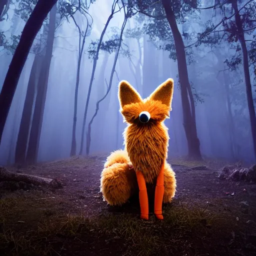 Prompt: a large two tailed druid fox muppet wearing a hooded cloak holding a lit torch and herding a bunch of random muppet animals following behind through a dark foreboding misty blue forest at night, sesame street, photograph, photography, ultrarealistic, national geographic