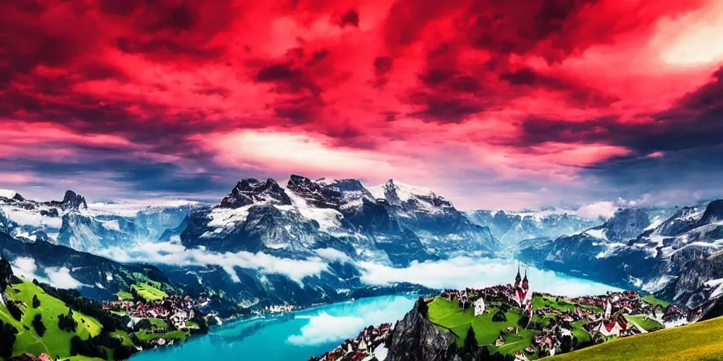 Image similar to Red Clouds above beautiful switzerland, stunning amazing.