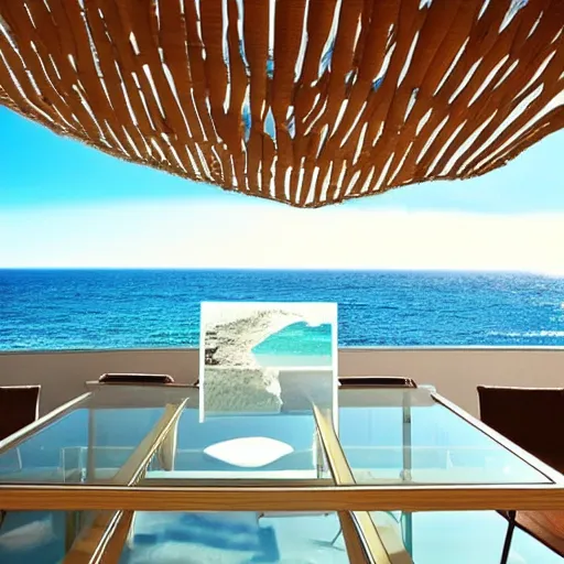 Prompt: simple cool glass table with view of the blue ocean and blue skies