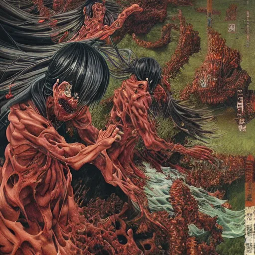 Prompt: realistic detailed image of a epic anime battle, Shintaro Kago, Kentaro Miura, Neo-Gothic, grotesque, rich deep colors. Beksinski painting, part by Adrian Ghenie and Gerhard Richter. art by Takato Yamamoto. masterpiece
