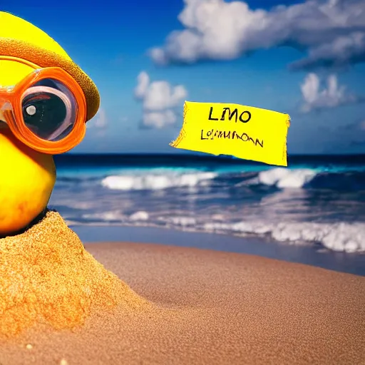 Image similar to 5 0 mm photograph, of a real anthropomorphic lemon character, with lemon skin texture, it is wearing a hat and scuba diving, building a sandcastle on the beach at sunset, beach, huge waves, sun, clouds, tropical trees, rim light, cinematic photography, professional, sand, sandcastle, volumetric lightening