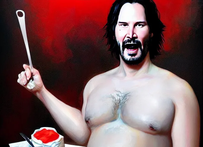 Prompt: extremely!! fat!!!!!!!!!!!!!!!!!!!!!!! keanu reeves, celebrating, eating, extremely happy, birthday painting, elegant intricate digital painting artstation concept art by mark brooks and brad kunkle detailed