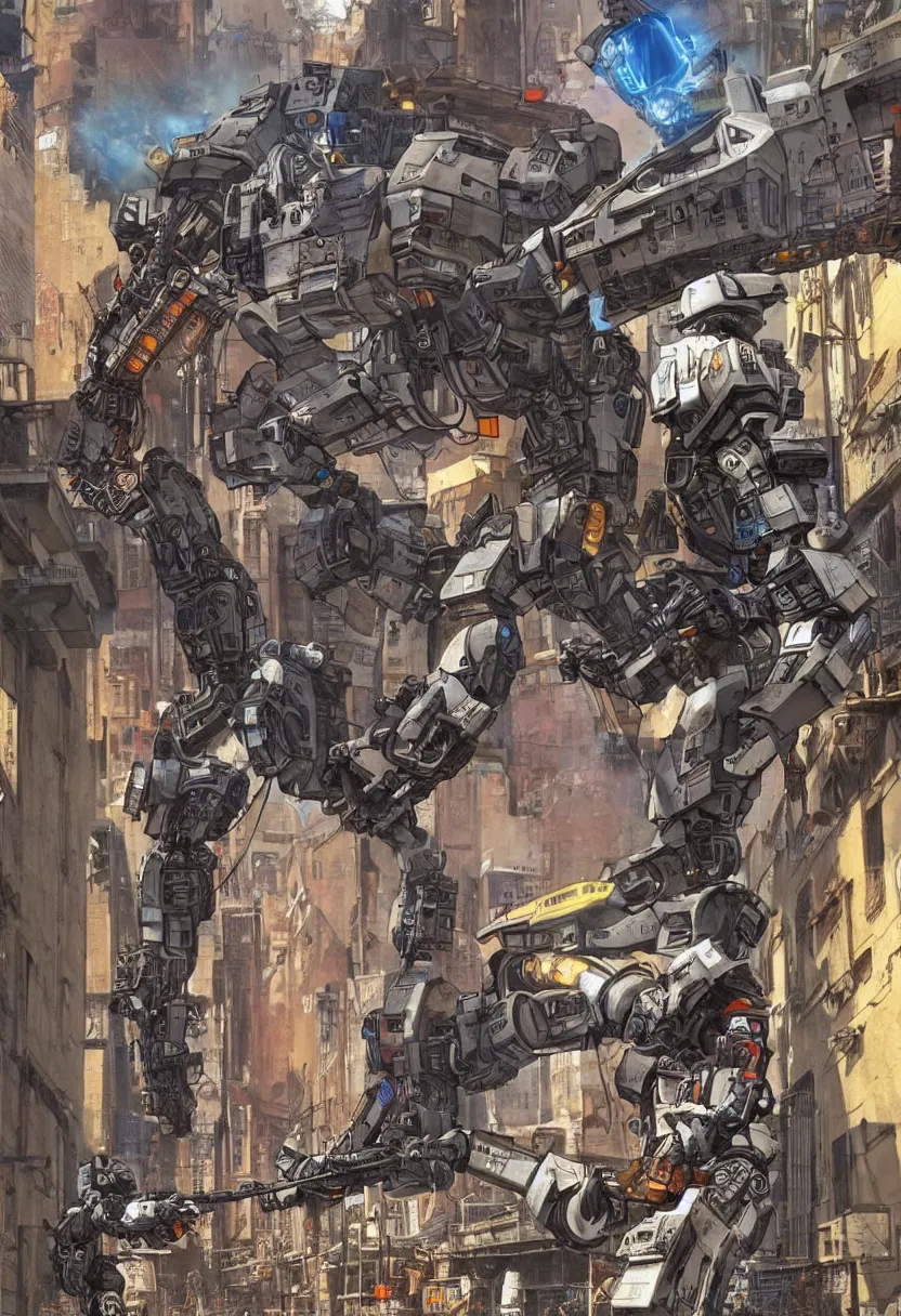 Image similar to chappie battles ed - 2 0 9 in a ghetto in nyc, circa 9 0 0 0, designed by syd mead moebius sorayama jack kirby, hdr, photorealistic, graffiti background, octane render, 8 k