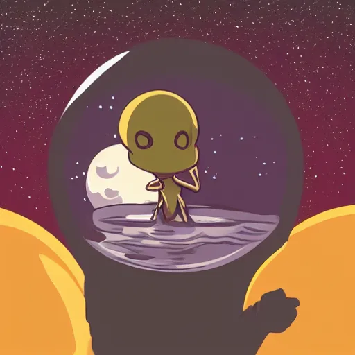 Image similar to an alien taking a wine bath on the moon.