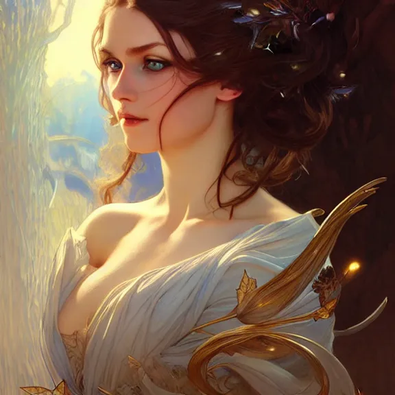 Image similar to Portrait of fairy woman, D&D, blue eyes, face, fantasy, intricate, elegant, highly detailed, digital painting, artstation, concept art, smooth, sharp focus, illustration, art by artgerm and greg rutkowski and alphonse mucha