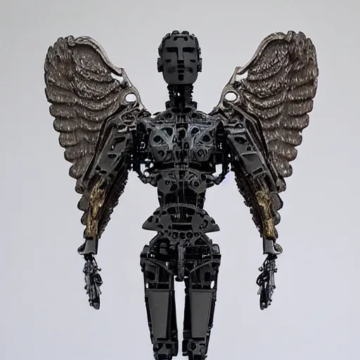 Image similar to a scenic view of an android angel statue made with mechanical scrap and humanoid parts, detailed, super realistic, texturized