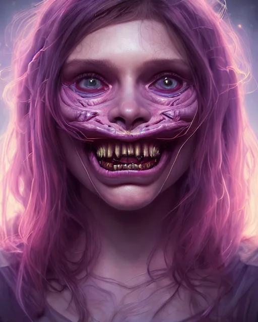 Image similar to portrait of a cute female fangtooth, bioluminescent, veins, horror, happy, highly detailed, digital painting, cinematic, hyperrealism, dark retrowave, art by stanley lau and artgerm and magali villeneuve and alphonse mucha, artstation, octane render, cgsociety
