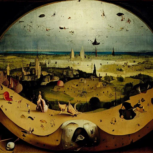 Prompt: A painting of a levitating giant watermelon, sliced in half, with a medieval town on it, above a sea of clouds by Hieronymus Bosch