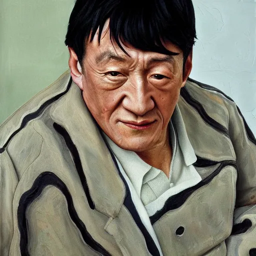 Image similar to high quality high detail painting by lucian freud, hd, portrait of mad jackie chan