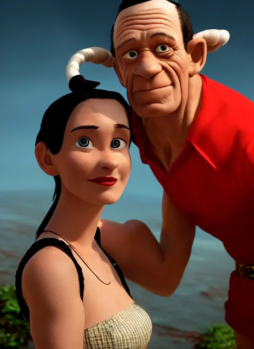 Image similar to closeup portrait of popeye and olive oyl, depth of field, zeiss lens, detailed, symmetrical, centered, fashion photoshoot, by Annie Leibovitz and Steve McCurry, David Lazar, Jimmy Nelsson, Breathtaking, 8k resolution, extremely detailed, beautiful, establishing shot, artistic, hyperrealistic, beautiful face, octane render