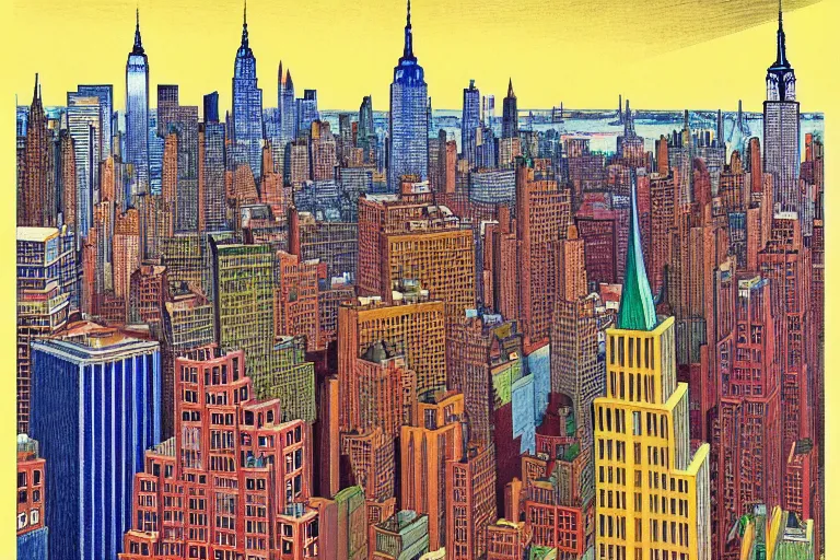 Prompt: a realistic Manhattan cityscape, from the roof, tall terrace, Empire state building, houses, parks, by Louis Wain (1920), golden ratio, sharp linework, clean strokes, sharp edges, flat colors, cell shaded by moebius, Jean Giraud, trending on artstation