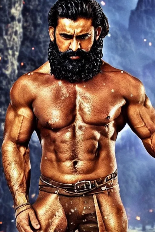 Prompt: The strongest man that ever lived. Huge muscles. Even bigger muscles. Bare chest. Glistening muscles. Fantastic, glorious beard. Beautiful face. Long hair. Intricate bronze armour full of gemstones. Full body action movie still. Bollywood.