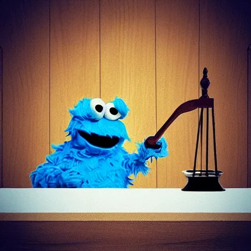 Image similar to “photo of Cookie Monster attorney at law in a courtroom”