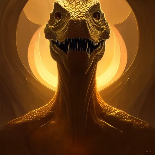 Image similar to dinosaur overlord, sci fi, glowing eyes, volumetric lights, gold theme, art nouveau botanicals, intricate, highly detailed, digital painting, artstation, concept art, smooth, sharp focus, cinematic, illustration, beautiful face, art by artgerm and greg rutkowski and alphonse mucha