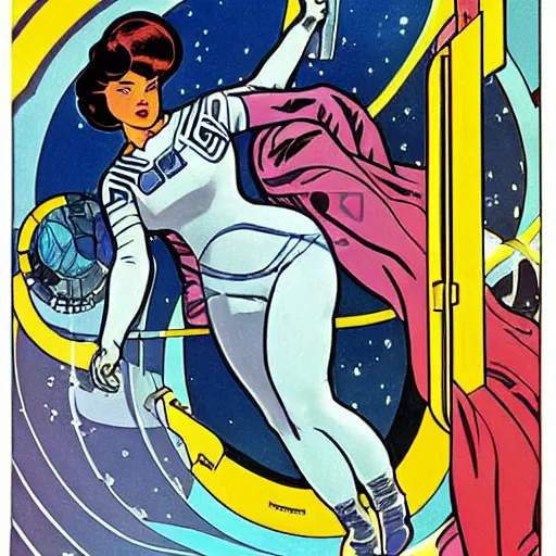 Prompt: a curvy woman with straight brown hair, floating in space. she is an astronaut, wearing a space suit. well composed, clean elegant painting, beautiful detailed face. comic book art by steve ditko and jack kirby and ( alphonse mucha )