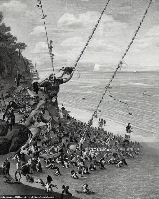 Image similar to the gigantic unconscious body of lemuel gulliver lies on a beach surrounded by hundreds of tiny lilliputians, some standing on him. gulliver is being tied to the beach with hundreds of rope lines being held down by the lilliputians, the scene is cinematic and hyperreal, gulliver ’ s travels