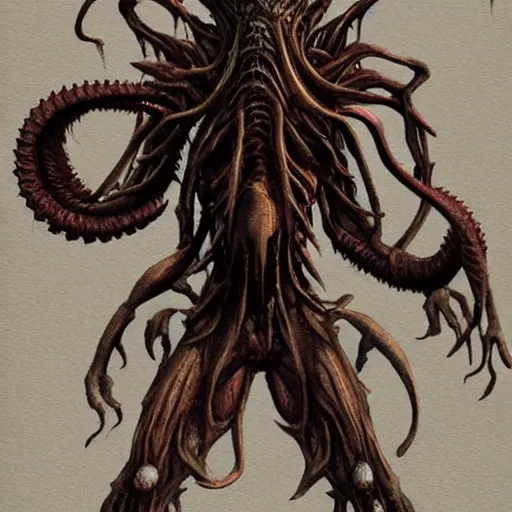 Prompt: cthulu titan full body creature horror concept art