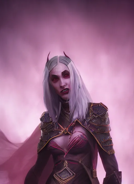 Image similar to A fantasy comic book style portrait painting of a vampiric female elf Sorcerer in a atmospheric dark fortress, unreal 5, DAZ, hyperrealistic, octane render, RPG portrait, ambient light, dynamic lighting